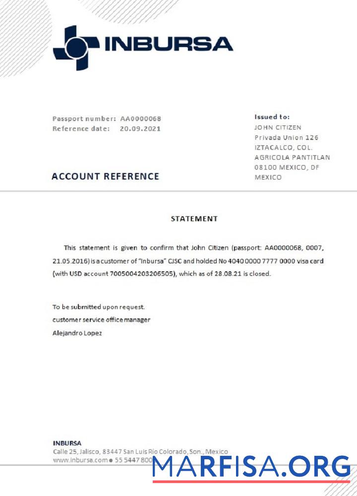 Printable Mexico Inbursa Bank closure reference download for verification